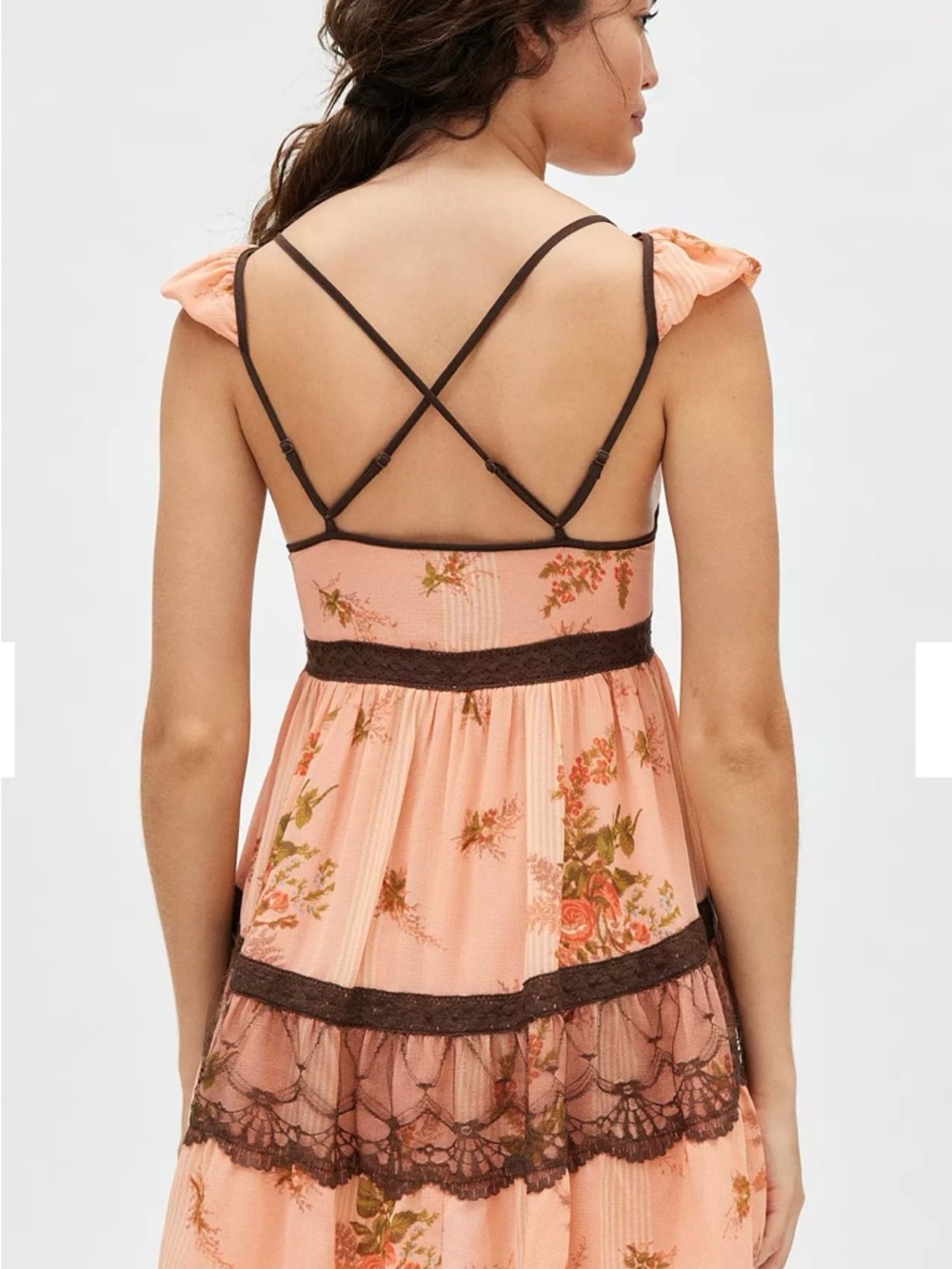 NEW Peach Floral Lace-Trim Mini Dress size L - Picture 3 of 12